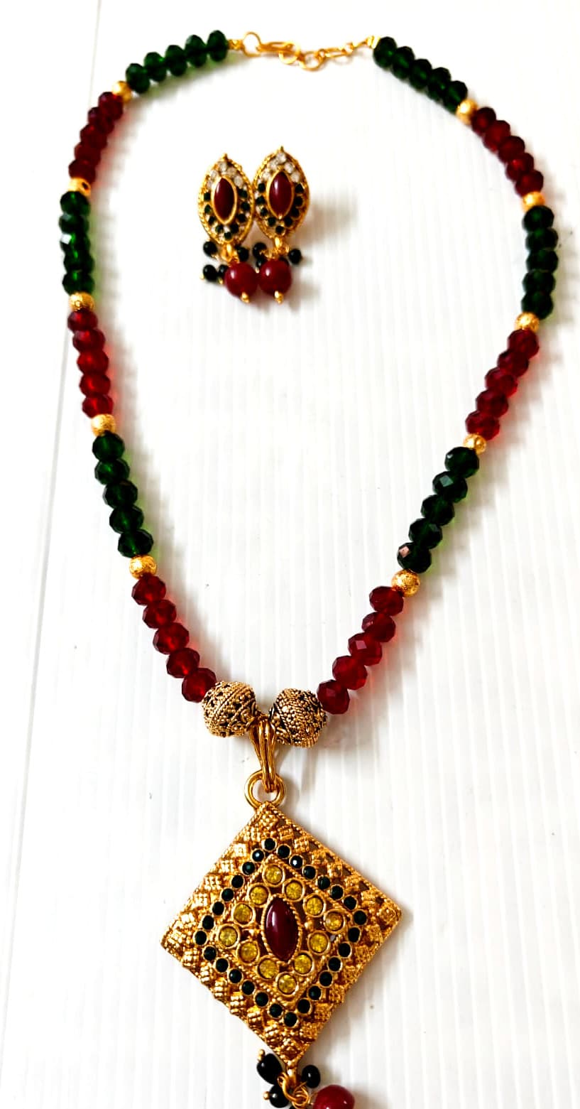 Necklace and earring set — wine and green with a brass diamond pendant