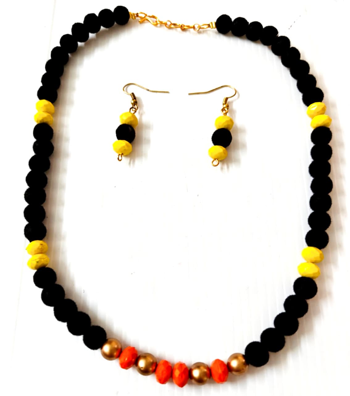 Necklace and earring set — black, yellow and coral