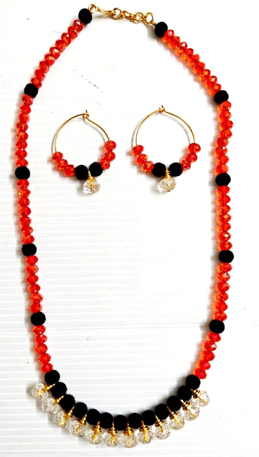 Necklace and earring set — red, black and pearl