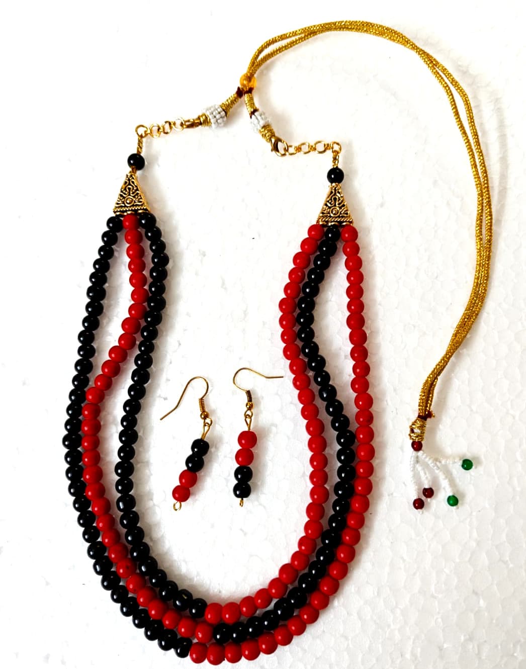 Necklace and earring set — red and cream two-strand