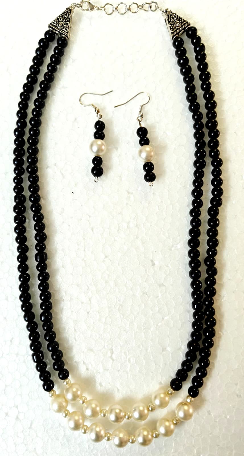 Necklace and earring set — black and pearl two-strand