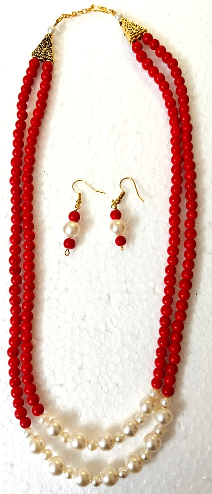 Necklace and earring set — red and pearl two-strand