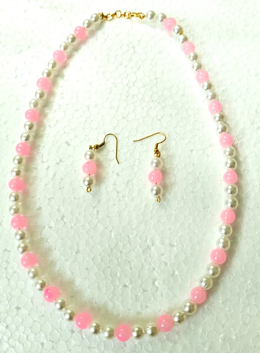 Necklace and earring set — pink and white