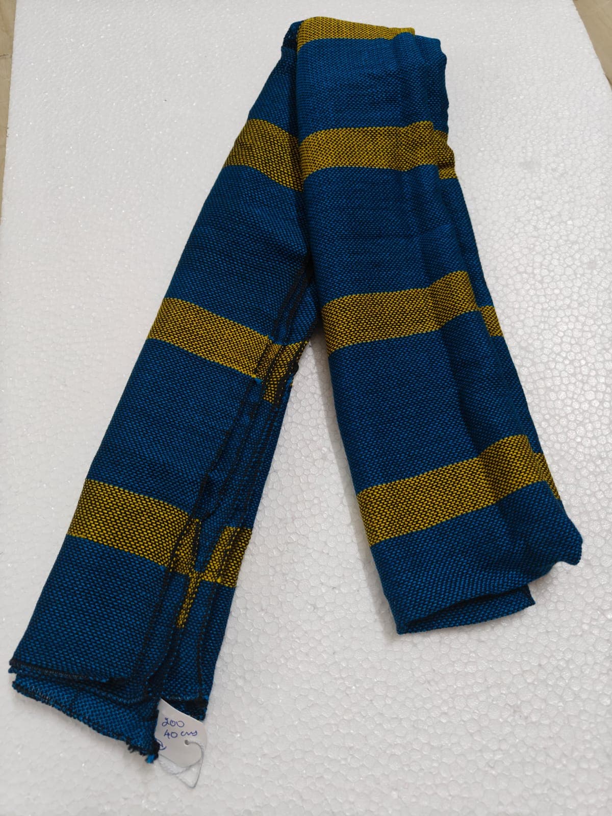 Saori handwoven stole — blue with mustard bands