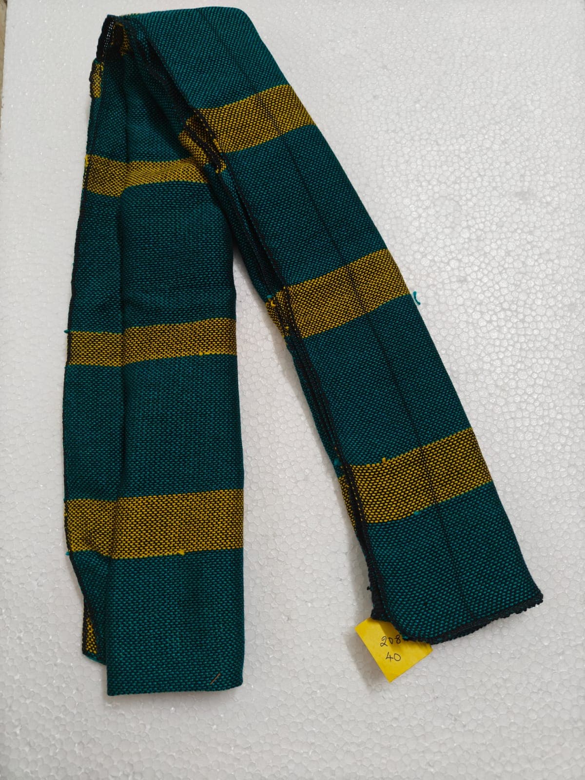 Saori handwoven stole — deep green with mustard bands