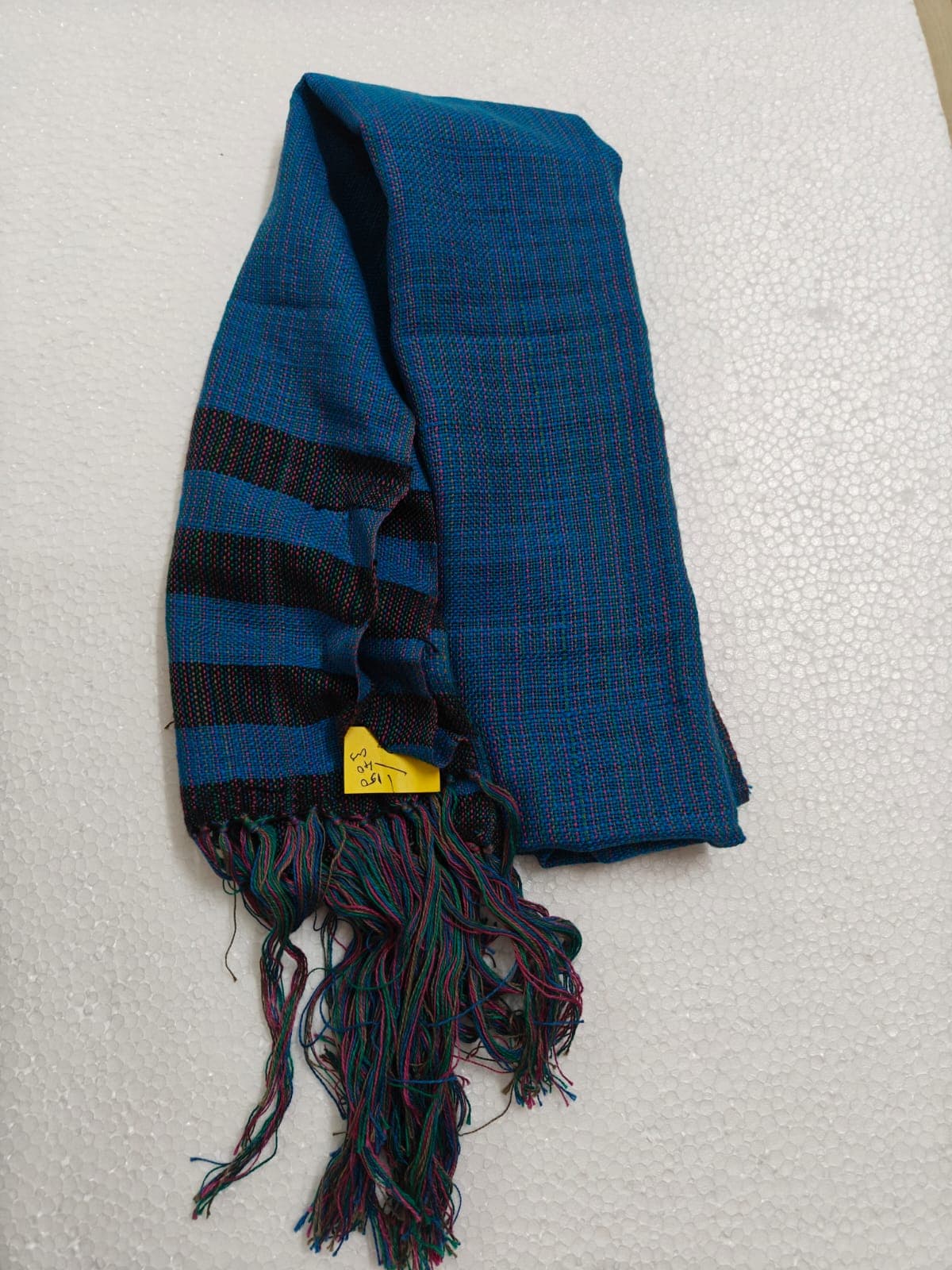 Saori handwoven stole — blue with black bands