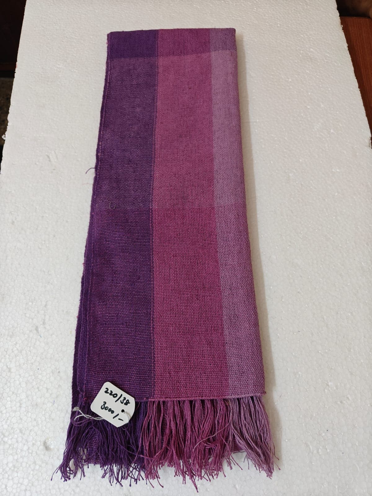 Saori handwoven stole — plum and rose